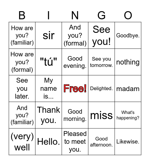 SDL - Greetings BINGO Card