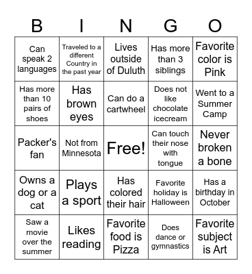 Classroom Bingo Card