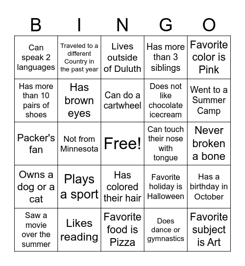 Classroom Bingo Card