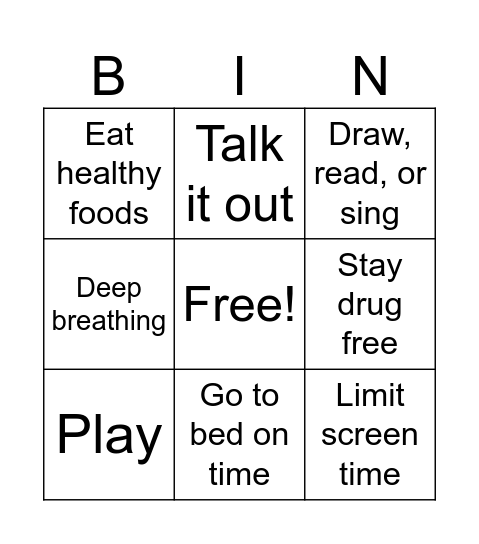 Healthy Choices Bingo Card