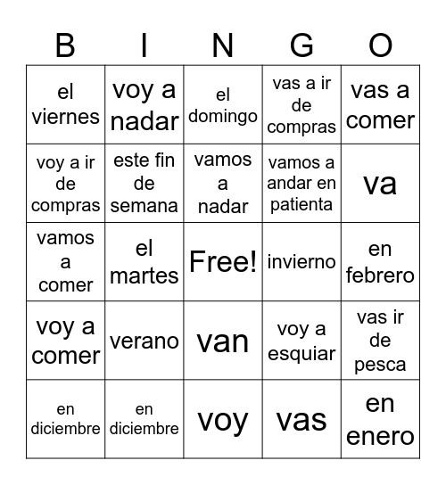 Ir + Simple Future Bingo Card