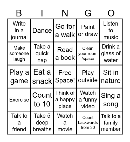 COPING SKILLS BINGO Card