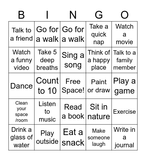 Coping Skills Bingo Card