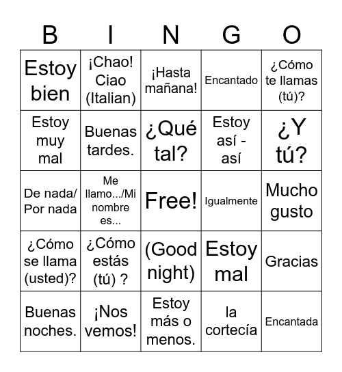 Saludos Y Despedidas Bingo Card