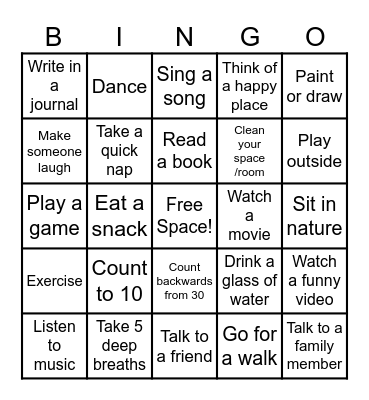 Coping Skills Bingo Card