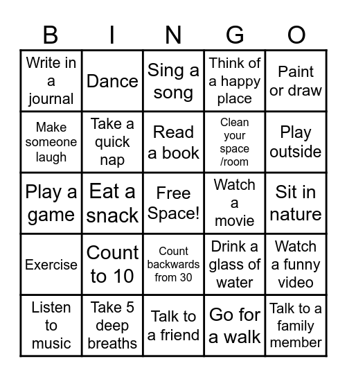 Coping Skills Bingo Card