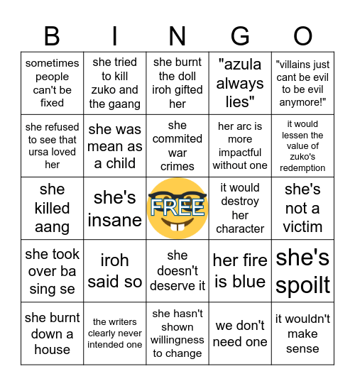 every reason ive seen against  azulas redemption (they're all dumb) Bingo Card