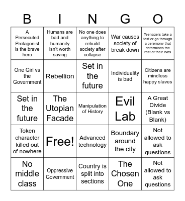 Dystopian Book Trope Bingo Card