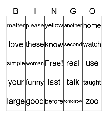 High Frequency Words Bingo Card