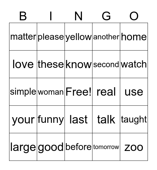 High Frequency Words Bingo Card