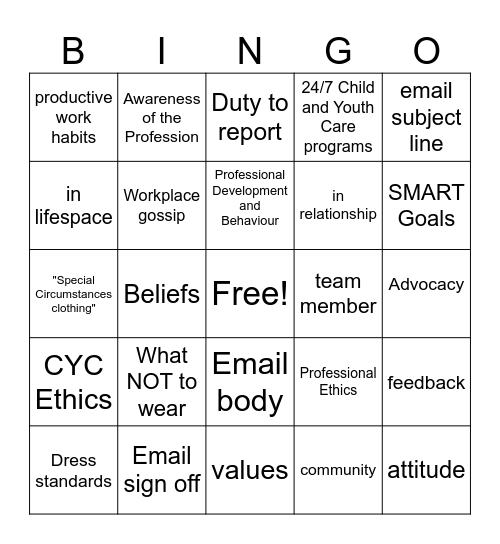 CYC Professionalism Bingo Card