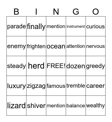 2-3 Grade vocabulary Words Bingo Card