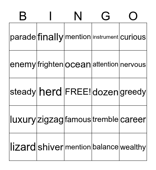 2-3 Grade vocabulary Words Bingo Card