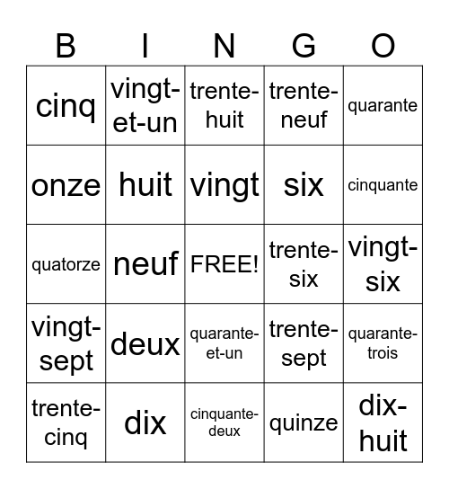 French numbers Bingo Card