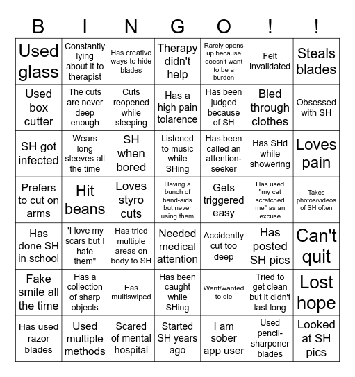 SELF-HARM BINGO Card