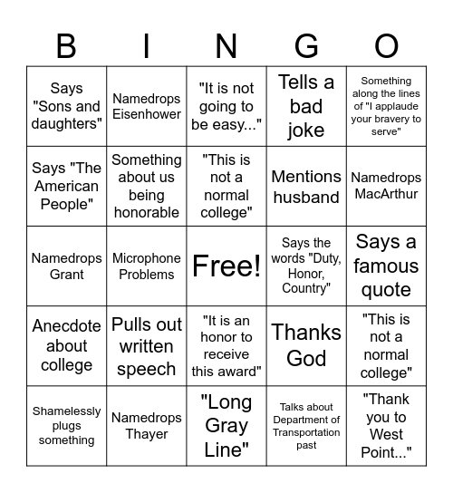 Speech Bingo Card