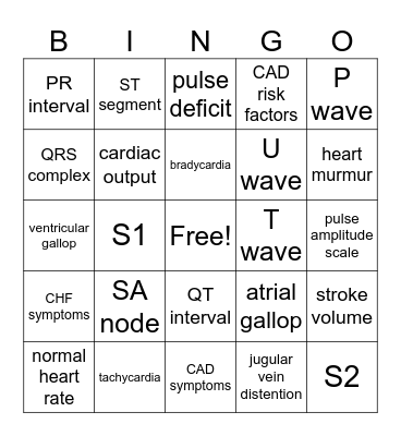 Heart and Neck Vessels Bingo Card