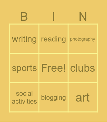 Hobbies and Interests Bingo Card