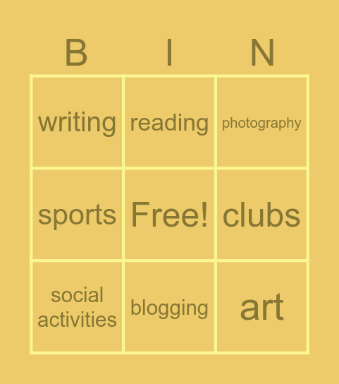 Hobbies and Interests Bingo Card