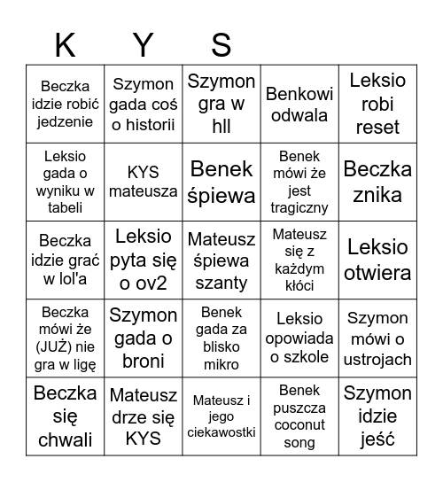 Kys bingo Card