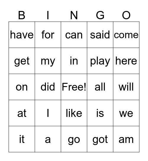 Popcorn Words Bingo Card