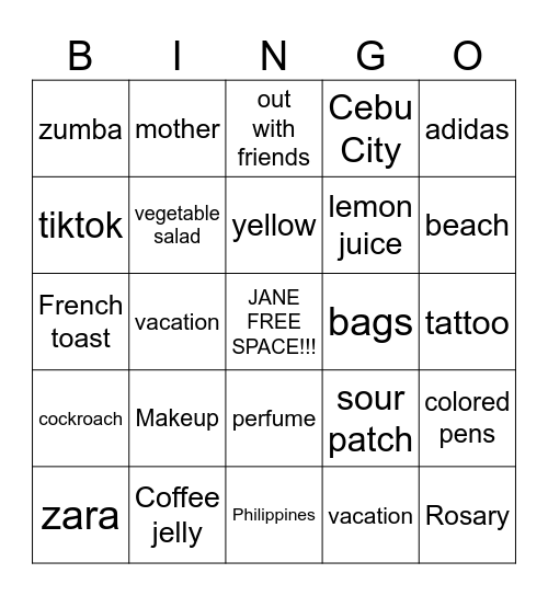 Jane BINGO! Bingo Card