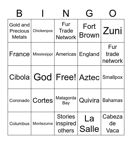 Explorers Bingo Card