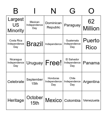 Hispanic Heritage Month Bingo Card