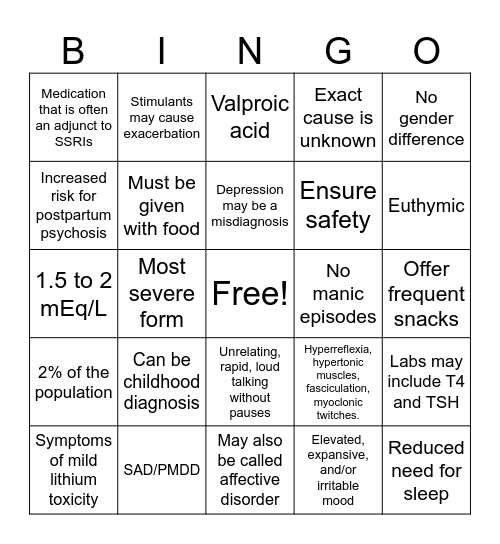 Bipolar Bingo Card
