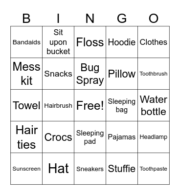Camping packing list Bingo Card