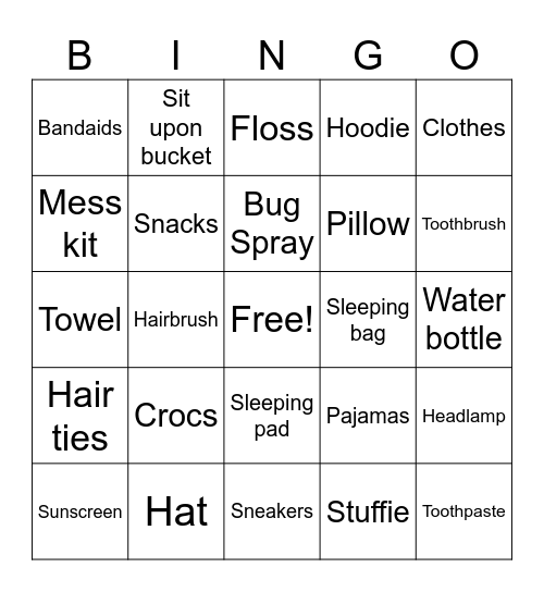 Camping packing list Bingo Card