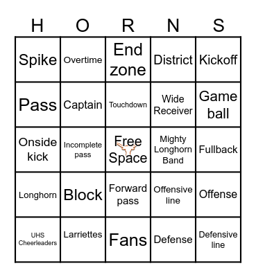 Longhorn Football Bingo Card