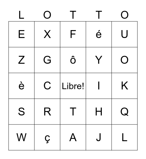 Alphabet & Accents Bingo Card