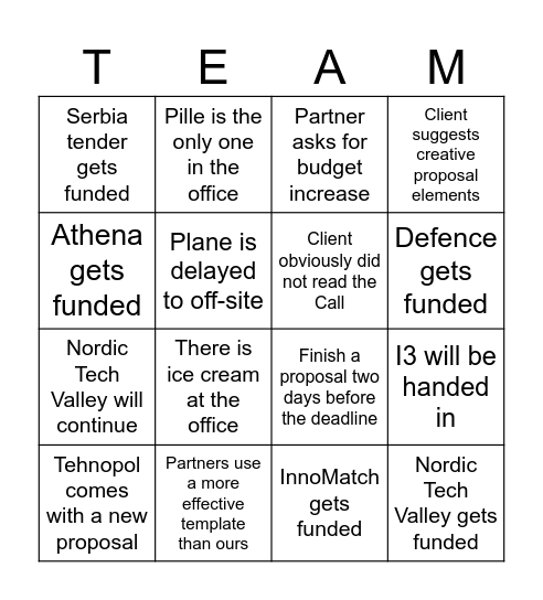 Team Bingo for end of the year Bingo Card