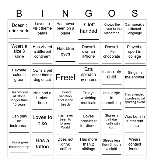 Stone Elementary Bingo Card