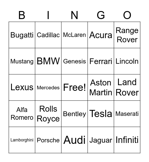 Luxury Car Bingo Card