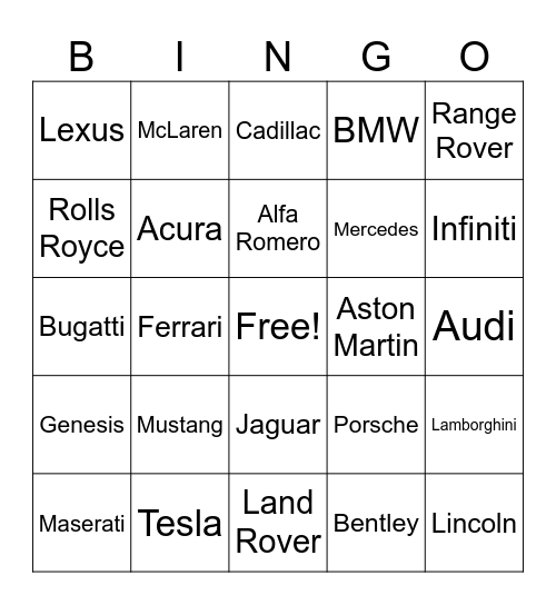 Luxury Car Bingo Card