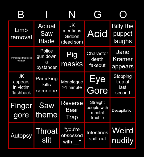 Saw X Bingo Card