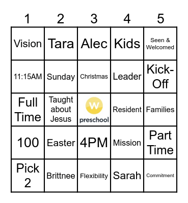WM Preschool Bingo #1 Bingo Card
