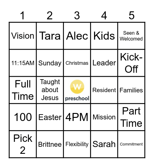 WM Preschool Bingo #1 Bingo Card