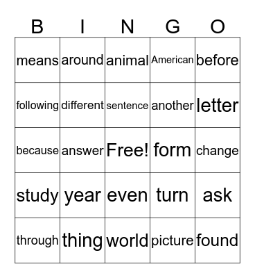 set 8 sightwords Bingo Card