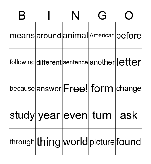 set 8 sightwords Bingo Card