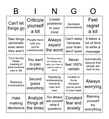 Overthinking bingo Card
