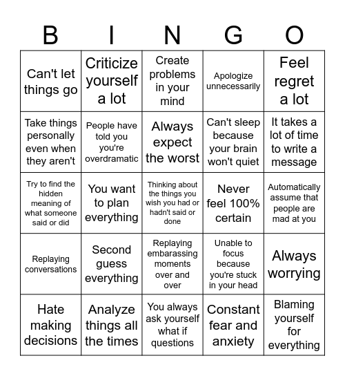 Overthinking bingo Card