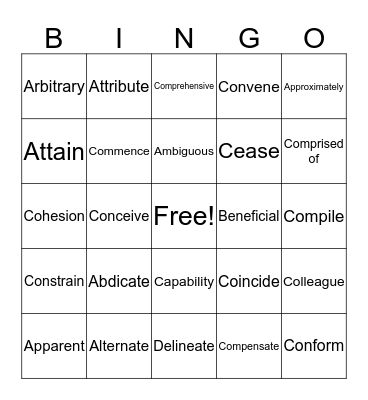 English 9 Academic Vocabulary Bingo Card
