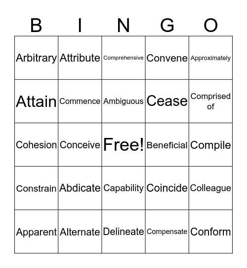 English 9 Academic Vocabulary Bingo Card