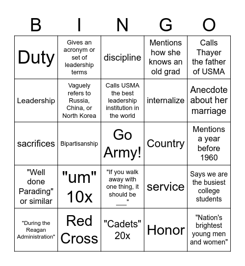 Thayer Award Dinner Bingo Card