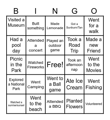 End of Summer Recap BINGO Card