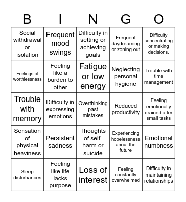 Depression bingo Card