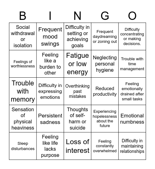 Depression bingo Card